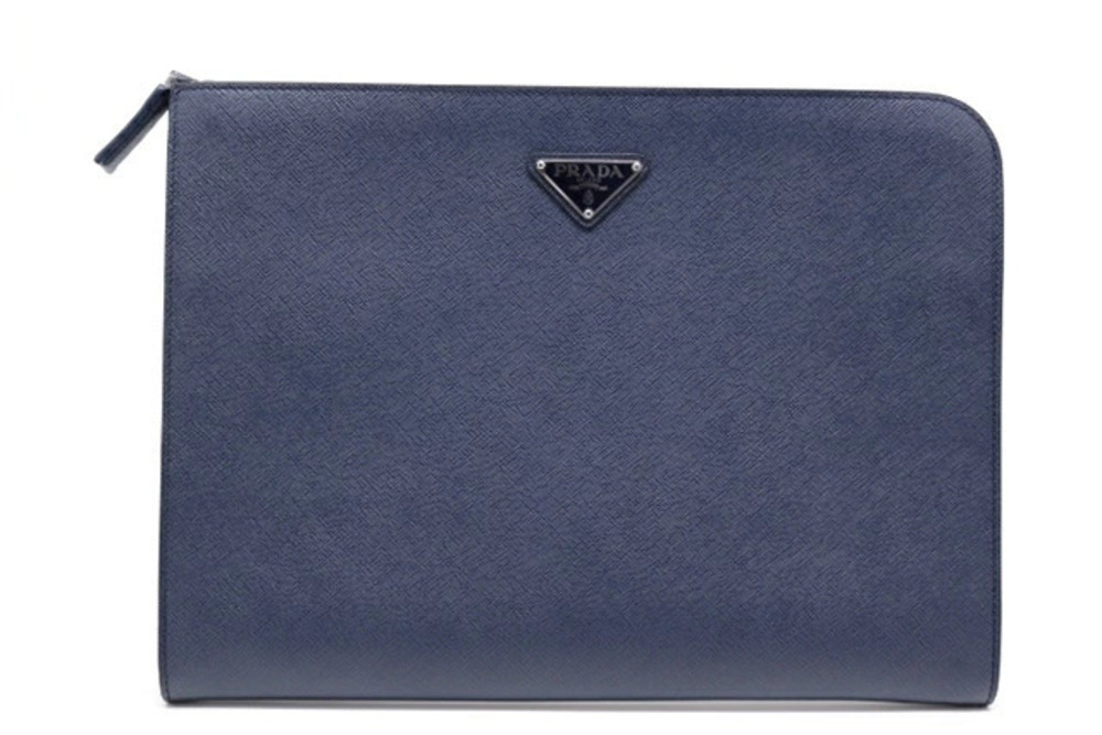 Prada Bag Shoulder Clutch Saffiano Calfskin Navy Blue